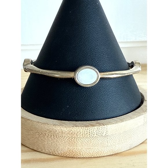 Gold Tone Metal Bangle Bracelet with White and Clear Spacers 8" - Picture 2 of 4